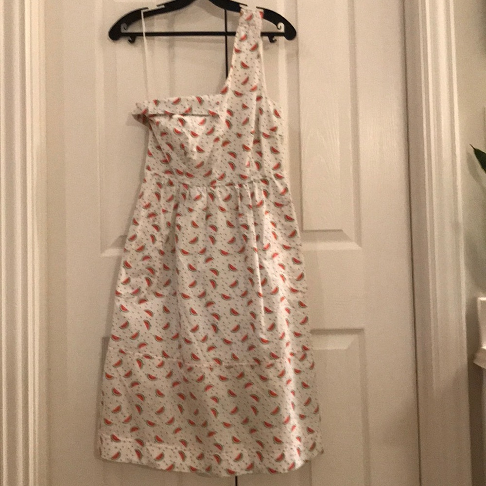 Anthropologie One-Shoulder White Dress with Red Print